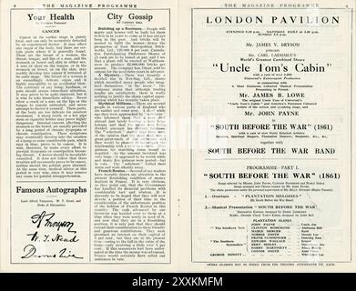 Frontespizio dal programma London Pavilion da gennaio 1928 per JAMES B. LOWE apparendo dal vivo sul palco per una stagione nella presentazione musicale SOUTH BEFORE THE WAR (1861) e sullo schermo nel ruolo del protagonista nella CABINA DELLO ZIO TOM 1927 regista HARRY A. POLLARD storia Harriet Beecher Stowe film muto con colonna sonora ed effetti sonori musica Hugo Riesenfeld produttore Carl Laemmle Universal Pictures Foto Stock