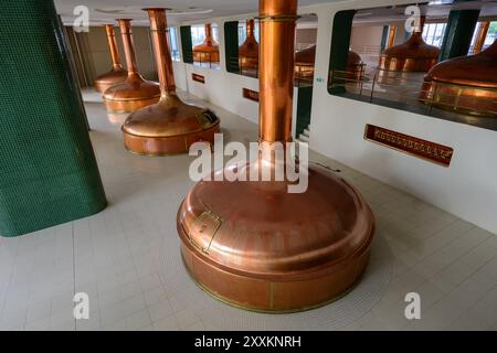 Plzen, Repubblica Ceca - 17 agosto 2024: Nuova birreria presso la Pilsner Urquell Plzensky Prazdroy Brewery con padelle di wort e mazze. Foto Stock