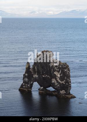 Una vista ravvicinata di una formazione rocciosa nell'acqua, che assomiglia vividamente ad un elefante, evidenziando la creatività della natura e la bellezza della roccia naturale Foto Stock