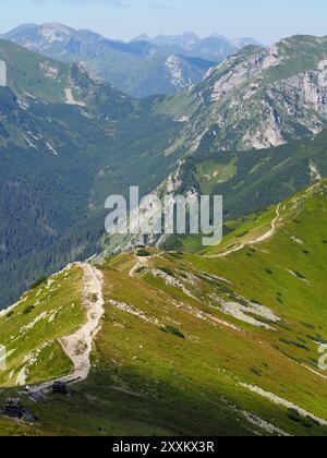 Un sereno e tortuoso sentiero di montagna si snoda attraverso lussureggianti e vibranti colline e valli verdi, offrendo un invitante viaggio attraverso un incontaminato e pittoresco qu Foto Stock