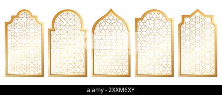 Finestra tradizionale islamica dorata. Cornici arabe, archi di moschea con motivo geometrico oro. Elementi architettonici del palazzo musulmano, silhouette confini marocchini o porte. Porte Ramadan kareem Illustrazione Vettoriale