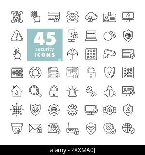 Set di icone vettoriali di protezione. Cyber-lock, password, sblocco. Icone di guardia, scudo, sistema di sicurezza domestica. Accesso agli occhi, controllo elettronico, firewall. pr. Internet Illustrazione Vettoriale