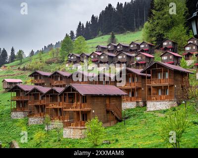 Case estive in legno sul pendio di montagna nel villaggio di Hamsikoy, Turchia Foto Stock
