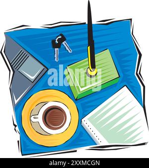 Grafica astratta di strumenti per ufficio e forniture di cancelleria su un piano in legno disegno vettoriale Illustrazione Vettoriale