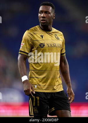 Barcellona, Spagna. 24 agosto 2024. Sheraldo Becker del Real Sociedad guarda durante la partita di la Liga tra RCD Espanyol de Barcelona e Real Sociedad allo stadio RCDE il 24 agosto 2024 a Barcellona, Spagna. Crediti: David Ramirez/Alamy Live News Foto Stock