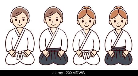 Carino cartoni animati Aikido uomo e donna seduti sul pavimento in stile seiza. Pantaloni hakama e uniforme kimono bianca. Disegno semplice, grafica vettoriale a clip Illustrazione Vettoriale