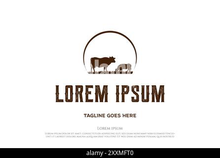 Tramonto alba Angus Cow Cattle Farm Logo Design Vector Illustrazione Vettoriale