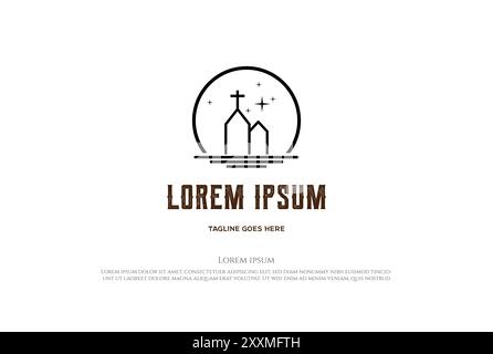 Sunrise Sunset o Moon Star Church con Lake River Creek Line Outline Logo Design Vector Illustrazione Vettoriale