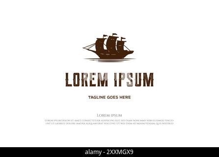 Vintage retro Rustic Sailing Ship silhouette con logo Design Vector Illustrazione Vettoriale