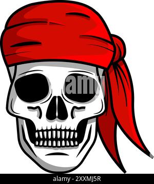 Teschio pirata con bandana rossa, illustrazione vettoriale a tema Halloween isolata su sfondo bianco Illustrazione Vettoriale