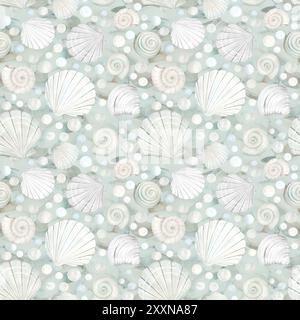 Motivo senza cuciture con sfumature di conchiglie e perle bianche, illustrazione ad acquerello. Scogliera di vongole oceaniche disegnate a mano per disegni nautici e marittimi in delicati colori pastello. Foto Stock