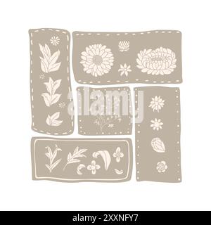 Design patchwork dai toni neutri con vari elementi floreali e botanici disposti in segmenti rettangolari isolati su sfondo bianco. Vettoriale h Illustrazione Vettoriale