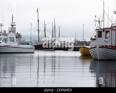 Husavik, Islanda - 12 maggio 2024: Serena scena portuale con varie barche, tra cui pescherecci e barche a vela, attraccate in acque calme, presentando un Foto Stock