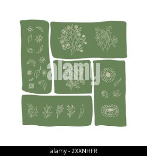 Design patchwork con vari elementi floreali e botanici disposti in segmenti rettangolari isolati su sfondo bianco. Illustrazione vettoriale Illustrazione Vettoriale