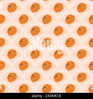 Zucche capesante senza cuciture. Sfondo a ripetizione ad arco vegetale maturo stilizzato. Design autunnale senza fine. Illustrazione vettoriale disegnata a mano. Illustrazione Vettoriale