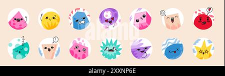 Icone emoji. La faccia dei cartoni animati sorride. Adesivi per l'espressione emotiva. Smileys scolastici per i bambini carini che hanno forme matematiche. Doodle caratteri geometrici. Figure circolari o quadrate. Set di emoticon divertenti astratte vettoriali Illustrazione Vettoriale