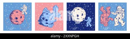 Astronauta nello spazio. Astronauta cartoon a gravità zero. Luna e stelle. Divertente galassia stellata di doodle. Esplorazione dell'universo. Disegno COSMOS. Bambini astronomia. Bambino sul pianeta. Set di poster di schizzo vettoriali Illustrazione Vettoriale