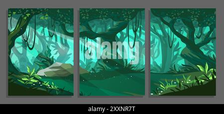 Il paesaggio della giungla. Foresta selvaggia. Tronchi di alberi e liane. Natura tropicale. Raggi solari. Foglie verdi. Fogliame della foresta pluviale. Scenario mistico estivo. Rami verdi. Sfondo panorama vettoriale impostato Illustrazione Vettoriale