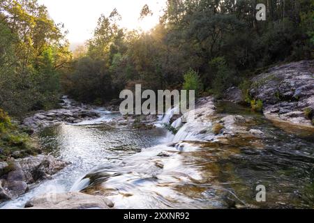 Vista delle piscine naturali nella foresta al tramonto. Loureza - Spagna Foto Stock