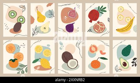 Frutta tropicale. Cibo esotico. Prodotti freschi e succosi. Melograni interi e metà. Forme astratte di doodle. Banane dolci. Arance mature. Foglie di linea. Deliziose noci di cocco e avocado. Set di banner vettoriali Illustrazione Vettoriale
