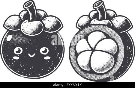 Mangostano in stile grunge carattere sorridente di frutta con trama, ruvida disegnata a mano con effetto Stampa granulosa. Illustrazione Vettoriale
