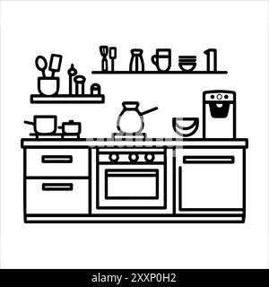 Icona della cucina o simbolo della linea moderna. Grafica a linee vettoriali e design a icone con un contorno audace. Simbolo minimalista Pixel Perfect in bianco e nero isolato Illustrazione Vettoriale