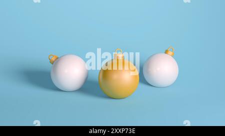Illustrazione 3D di tre ornamenti natalizi, due bianchi e uno dorati, disposti su sfondo azzurro. Ideale per le feste e le vacanze. Foto Stock