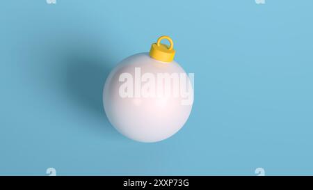 Illustrazione 3D di un semplice ornamento natalizio bianco con cappuccio giallo, isolato su uno sfondo azzurro. Perfetto per vacanze moderne e minimaliste Foto Stock