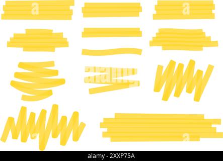 Set di linee e tratti evidenziati. Pennello o penna trasparente gialla sottolineatura per una selezione importante del testo isolata su sfondo bianco. Illustrazione realistica vettoriale. Illustrazione Vettoriale