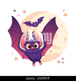 Adorabile illustrazione vettoriale di un simpatico pipistrello viola che vola di fronte a una luna piena. Perfetto per i design a tema Halloween Illustrazione Vettoriale