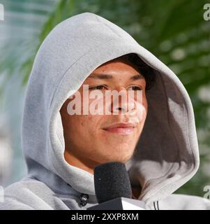 Mason, Ohio, Stati Uniti. 16 agosto 2024. Ben Shelton (USA) parla ai media dopo il suo match maschile di singolare durante il Cincinnati Open 2024 al Lindner Family Tennis Center. (Credit Image: © Debby Wong/ZUMA Press Wire) SOLO PER USO EDITORIALE! Non per USO commerciale! Foto Stock