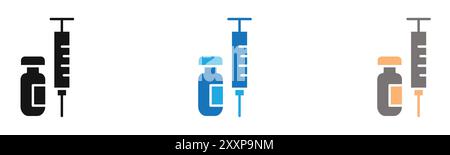 L'icona del vaccino COVID 19 delinea la raccolta o è impostata in bianco e nero Illustrazione Vettoriale