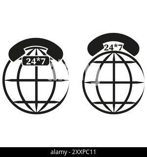 24 7 icone del servizio globale. Design del telefono e del globo. Concetto bianco e nero. Simboli di comunicazione vettoriale. Illustrazione Vettoriale