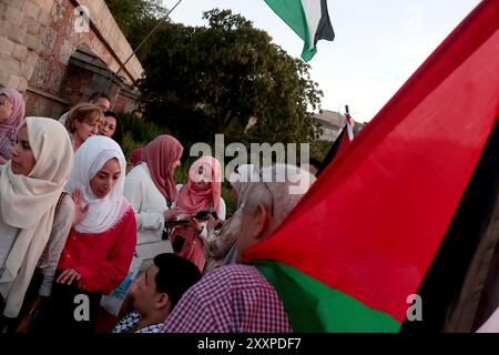 Madrid, spagnolo. 25 agosto 2024. Madrid, Regno di Spagna; 08/25/2024.- chiedono una bandiera sul ponte di Toledo a Madrid a sostegno della Palestina. Crediti: Juan Carlos Rojas/dpa/Alamy Live News Foto Stock