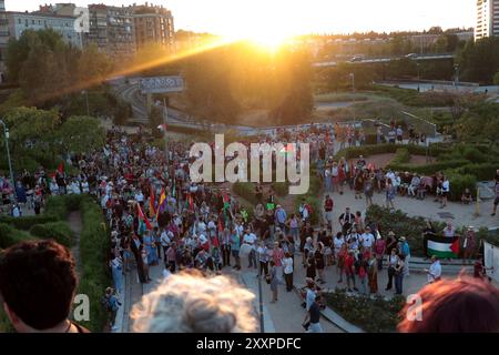 Madrid, spagnolo. 25 agosto 2024. Madrid, Regno di Spagna; 08/25/2024.- chiedono una bandiera sul ponte di Toledo a Madrid a sostegno della Palestina. Crediti: Juan Carlos Rojas/dpa/Alamy Live News Foto Stock
