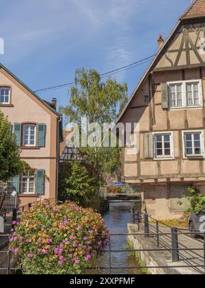 Villaggio idilliaco con case a graticcio, un piccolo fiume e fiori colorati sotto un cielo blu, Weissenburg, Alsazia, Francia, Europa Foto Stock