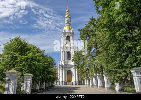 Alta torre della chiesa, incorniciata in verde, con decorazioni dorate ed elementi architettonici barocchi sotto un cielo blu Foto Stock