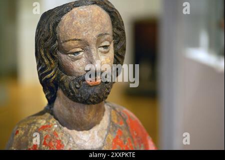 Particolare del Palmesel, figura lignea del 1380 circa, testa di Cristo, Hohenzollerisches Landesmuseum, Hechingen, Baden-Wuerttemberg, Germania, Europa Foto Stock