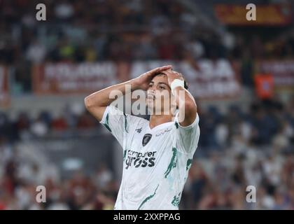 Roma, Italia. 25 agosto 2024. Sebastiano Esposito di Empoli reagisce durante una partita di serie A tra Roma e Empoli, a Roma, in Italia, 25 agosto 2024. Crediti: Li Jing/Xinhua/Alamy Live News Foto Stock