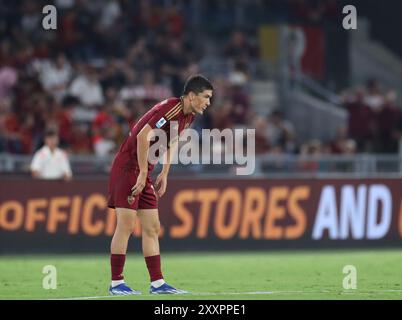 Roma, Italia. 25 agosto 2024. L'Eldor Shomurodov della Roma reagisce durante una partita di serie A tra Roma e Empoli, a Roma, in Italia, 25 agosto 2024. Crediti: Li Jing/Xinhua/Alamy Live News Foto Stock