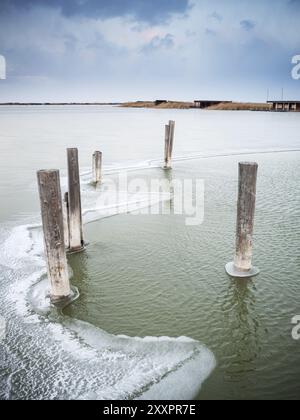 Lago Neusiedl in inverno con ghiaccio a Steg Foto Stock