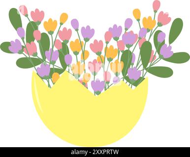 Mezza guscio d'uovo con fiori e rami. Buona Pasqua Saluti design concept isolato su bianco. Schede per illustrazioni vettoriali, poster, banner, brochure, prezzo, etichetta o modello decorativo per web Illustrazione Vettoriale