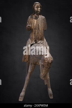 Asino di palma, figura in legno del 1350 circa, su sfondo scuro, Museo Diocesano, Rottenburg, Baden-Wuerttemberg, Germania, Europa Foto Stock