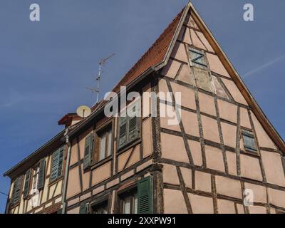 Tradizionale casa in legno con travi in legno a vista, persiane e una parabola satellitare contro un cielo blu, Weissenburg, Alsazia, Francia, Europa Foto Stock