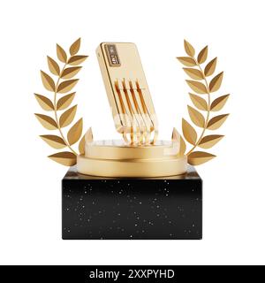 Vincitore del premio Cube Oro Laurel Wreath Podium, palco o piedistallo con Power Bank di ricarica per dispositivi mobili Golden su sfondo bianco. Rendering 3d. Foto Stock