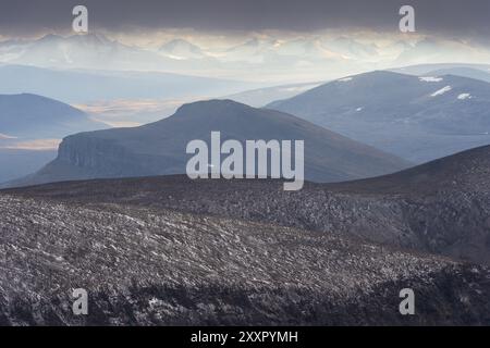 Vista da Kebnekaisefjaell al Parco Nazionale di Sarek, sito Patrimonio Mondiale dell'Umanità della Laponia, Norrbotten, Lapponia, Svezia, agosto 2013, Europa Foto Stock