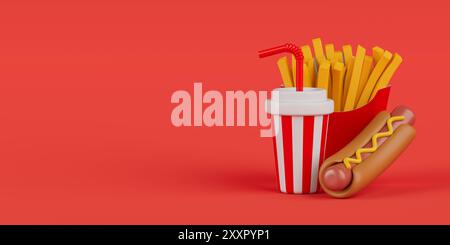 Set di icone del fast food: Hamburger, Hotdog e bevande analcoliche su sfondo arancione. Rendering 3d. Foto Stock