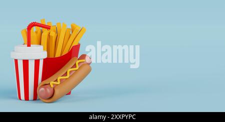 Set di icone del fast food: Hamburger, Hotdog e bevande analcoliche su sfondo blu. Rendering 3d. Foto Stock