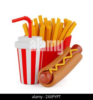 Set di icone del fast food: Hamburger, Hotdog e bevande analcoliche su sfondo bianco. Rendering 3d. Foto Stock