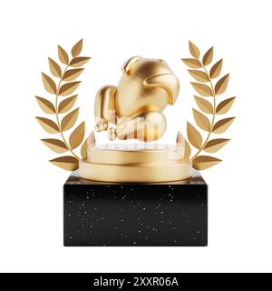 Vincitore del premio Cube Gold Laurel Wreath Podium, palco o piedistallo con icona Cartoon Grilled Golden Chicken su sfondo bianco. Rendering 3d. Foto Stock